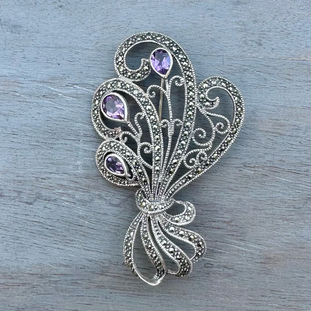 Vintage Sterling Silver & Amethyst Brooch - Picture 4 of 12